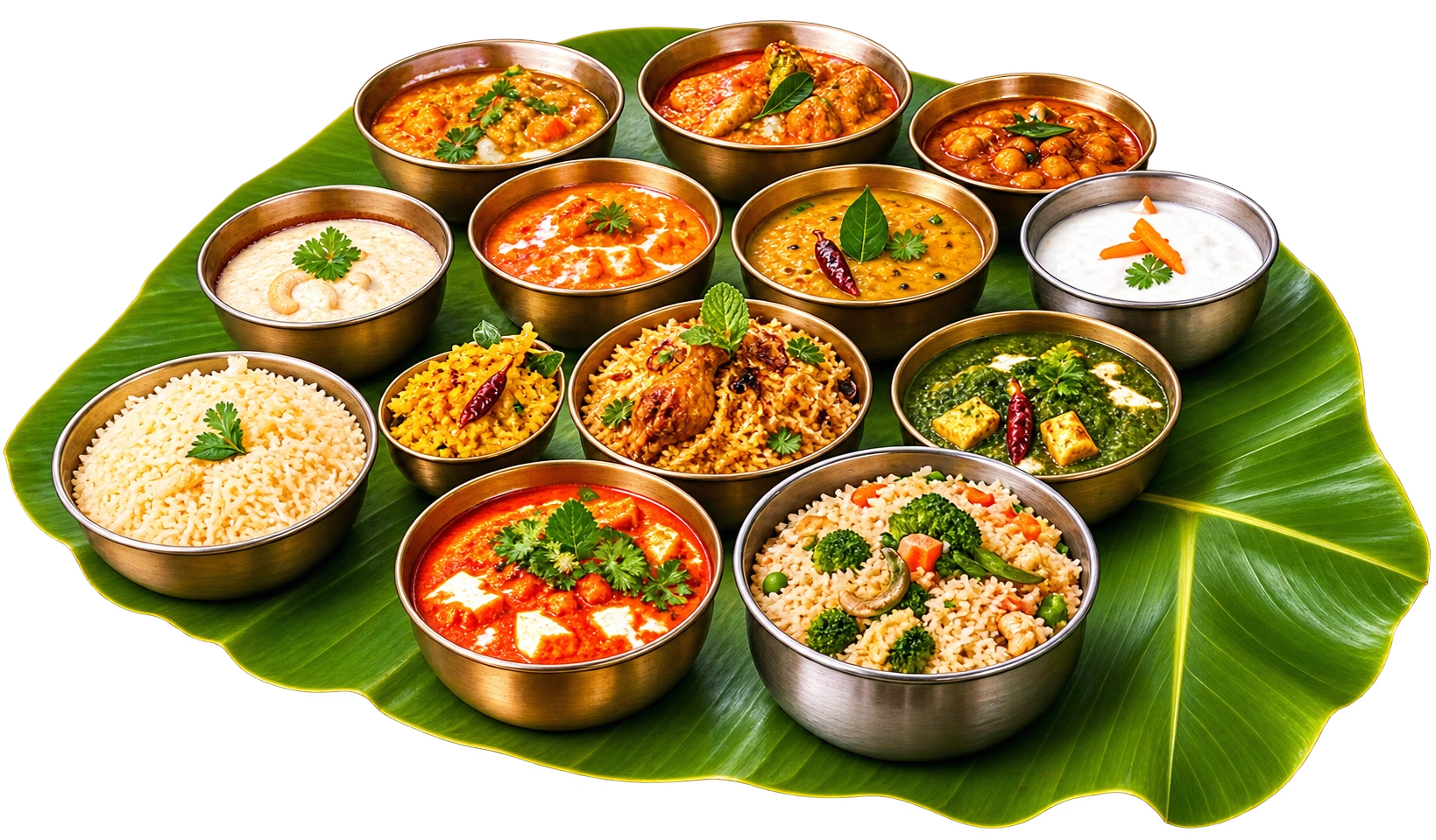 Brass bowls of curries on a banana leaf for Mathi Caterings in Thanjavur