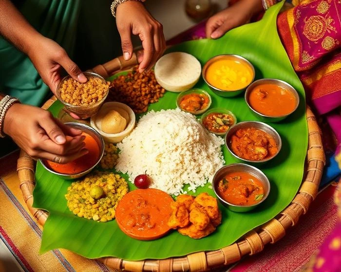 Wedding meal served on banana leaf in Thanjavur