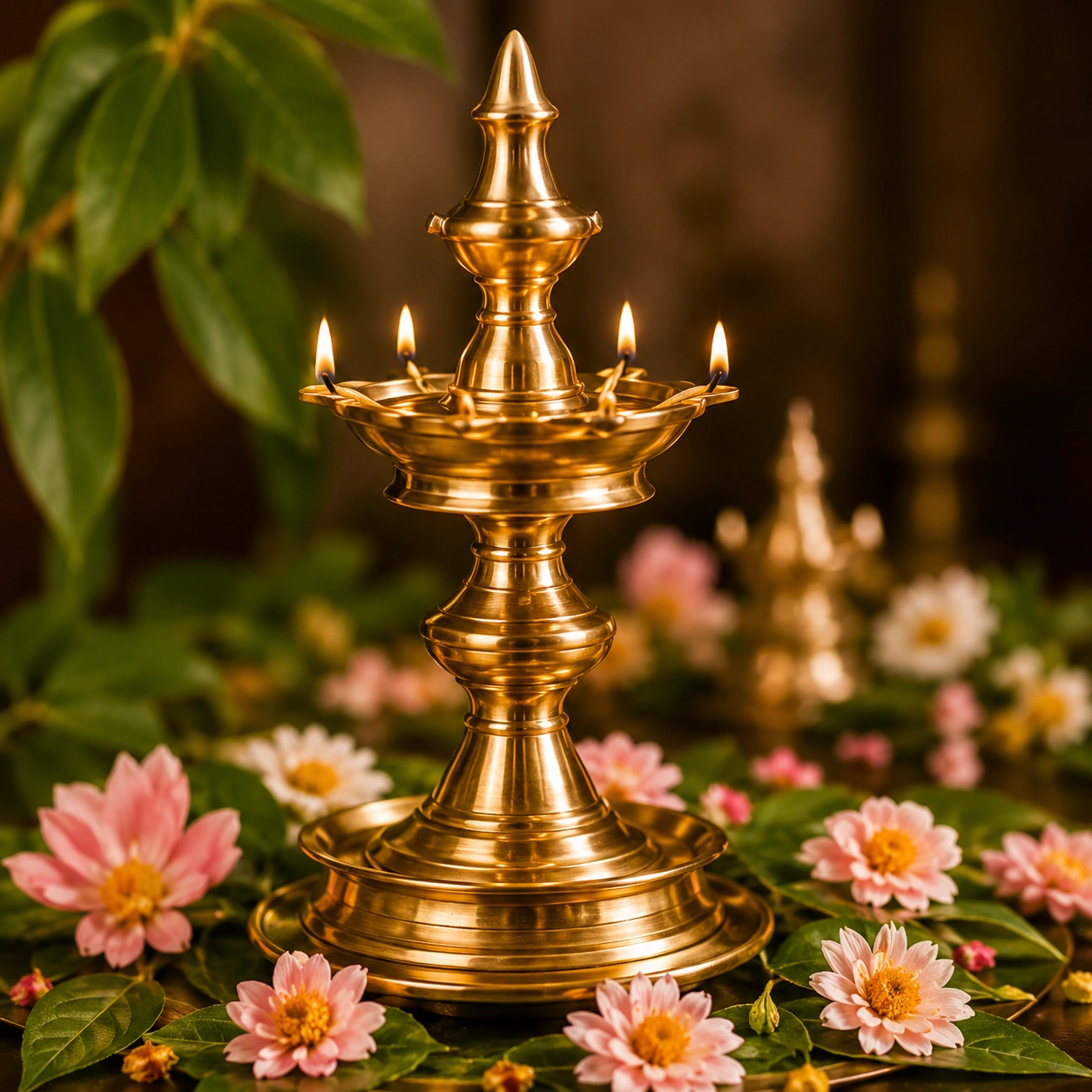 Traditional lamp and flowers by Mathi Caterings in Thanjavur