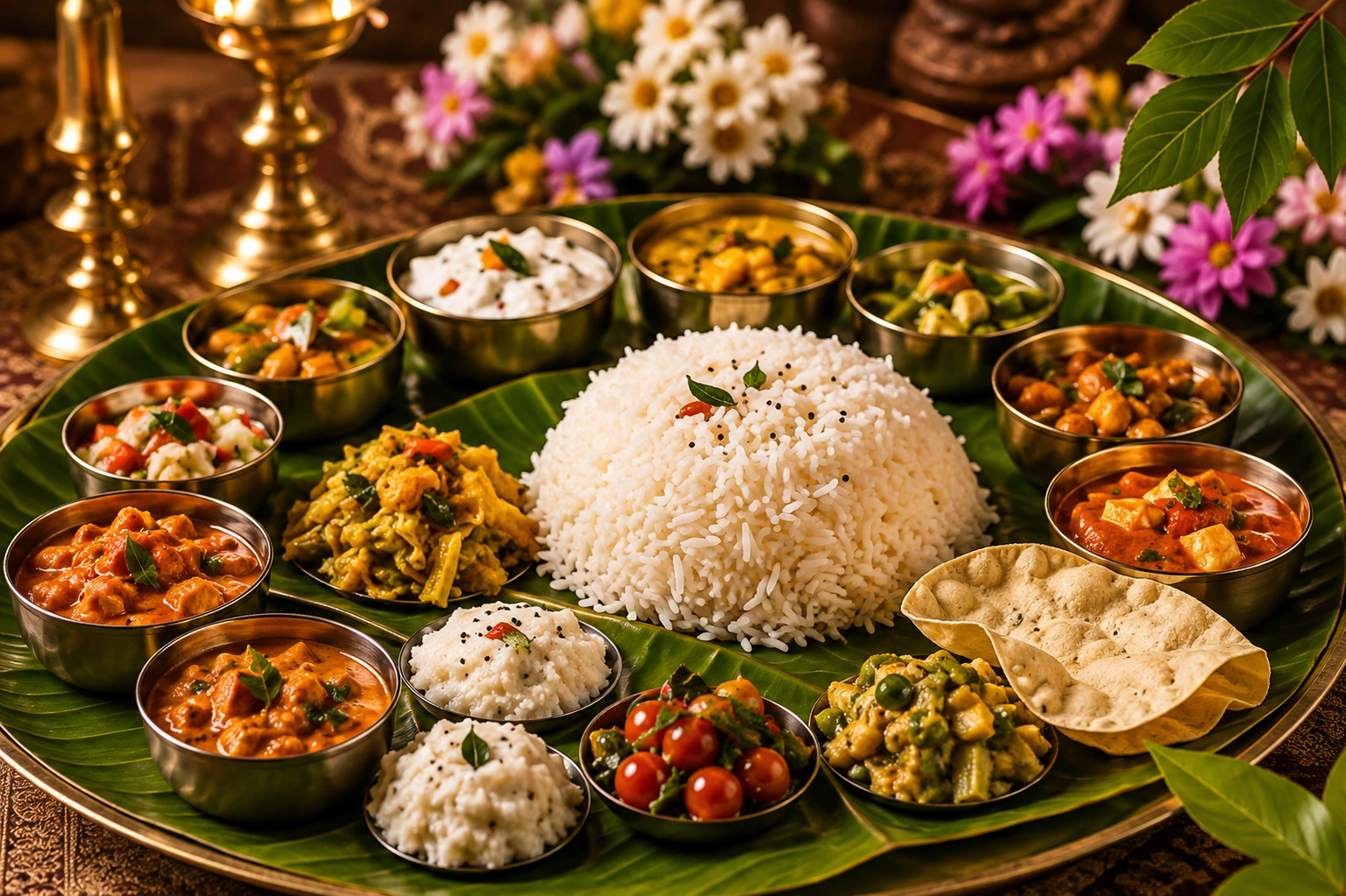 Traditional South Indian catering food arrangement in Thanjavur